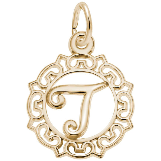 Ornate Script Initial 'T' Charm - Elegant Personalized Jewelry 0817-020