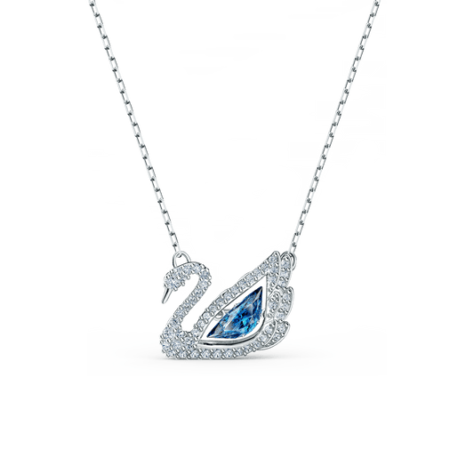 Swan necklace, Dancing swan, Blue, Rhodium plated