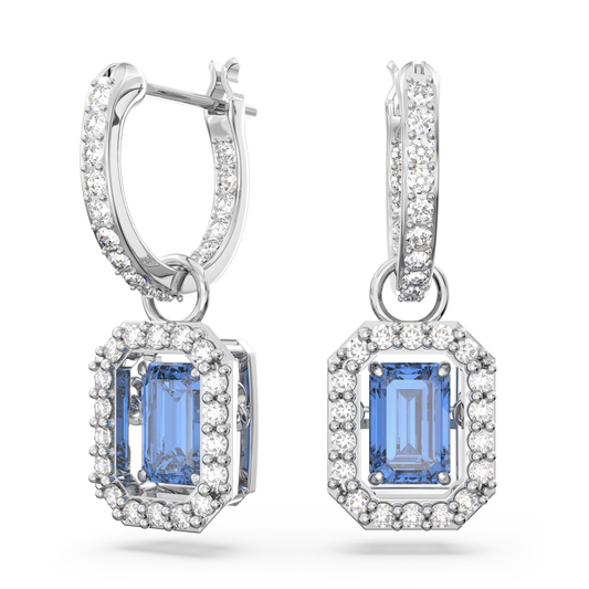 Una drop earrings, Octagon cut, Blue, Rhodium plated