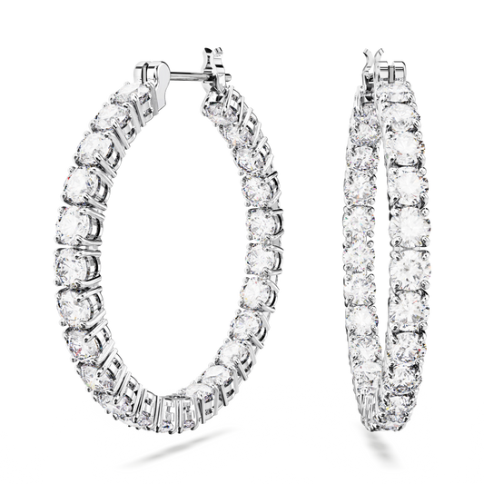 Swarovski Matrix hoop earrings, Round cut, White, Rhodium plated