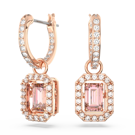 Swarovski Una drop earrings, Octagon cut, Pink, Rose gold-tone plated