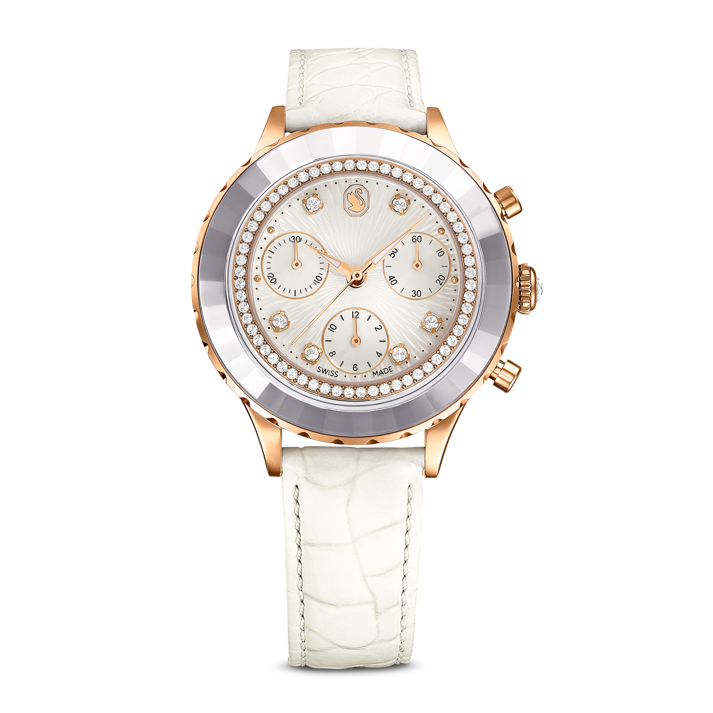 Swarovski Octea Chrono watch, Swiss Made, Leather strap, White, Rose gold-tone finish