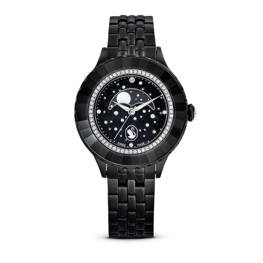 Swarovski Octea Moon watch, Swiss Made, Moon, Metal bracelet, Black, Black finish