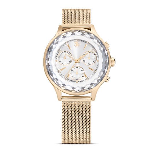 Swarovski Nova Chrono watch, Swiss Made, Metal bracelet, Gold tone, Champagne gold-tone finish