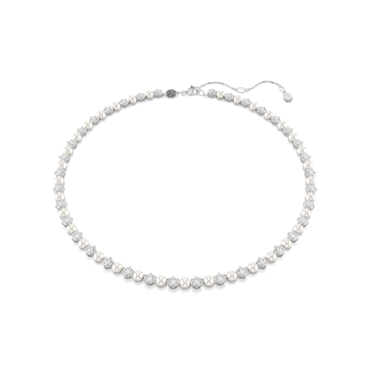 Matrix Tennis necklace, Crystal pearl, Round cut, White, Rhodium plated