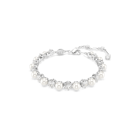Matrix Tennis bracelet, Crystal pearl, Round cut, White, Rhodium plated