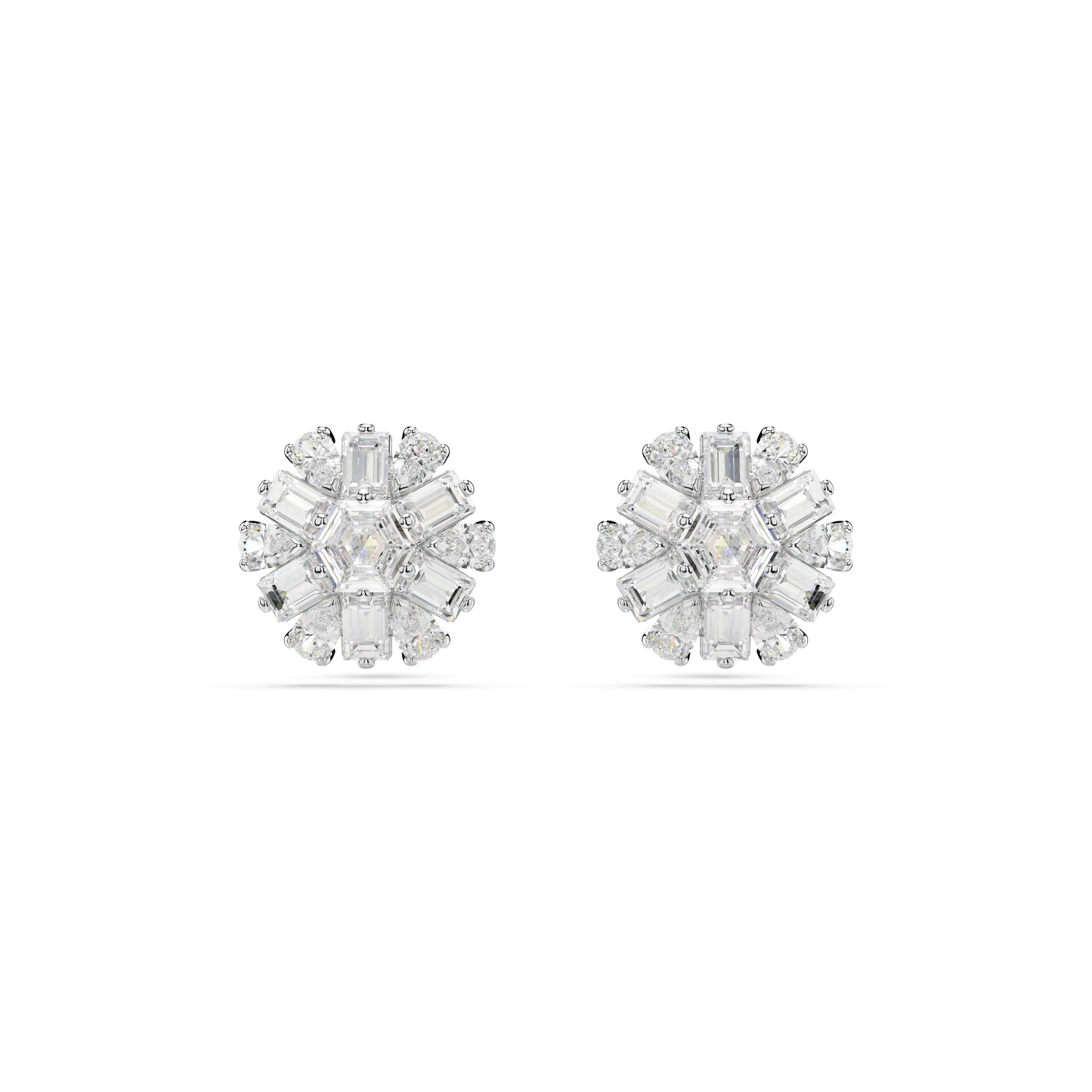 Swarovski Idyllia stud earrings, Mixed cuts, Snowflake, White, Rhodium plated