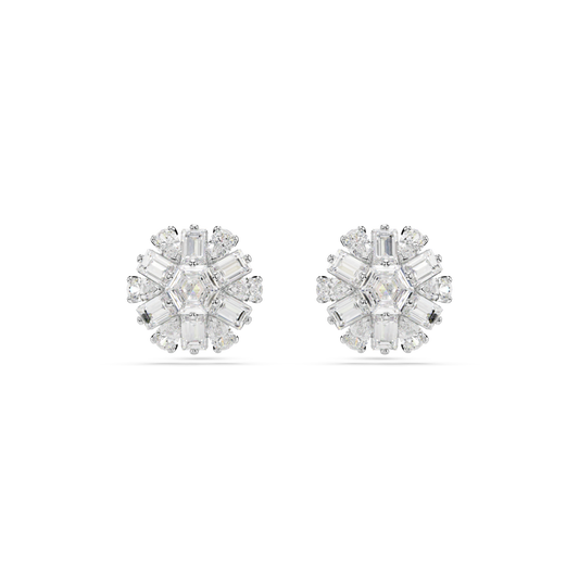 Swarovski Idyllia stud earrings, Mixed cuts, Snowflake, White, Rhodium plated