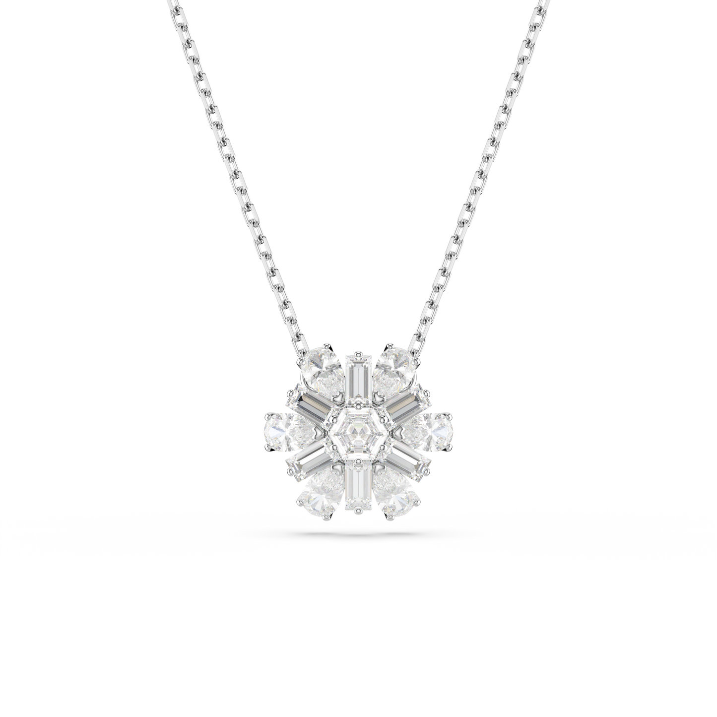 Swarovski Idyllia pendant, Mixed cuts, Snowflake, White, Rhodium plated