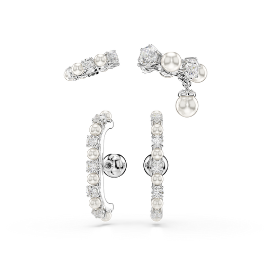 Swarovski Matrix ear cuff, Set (3), Crystal pearl, Round cut, White, Rhodium plated