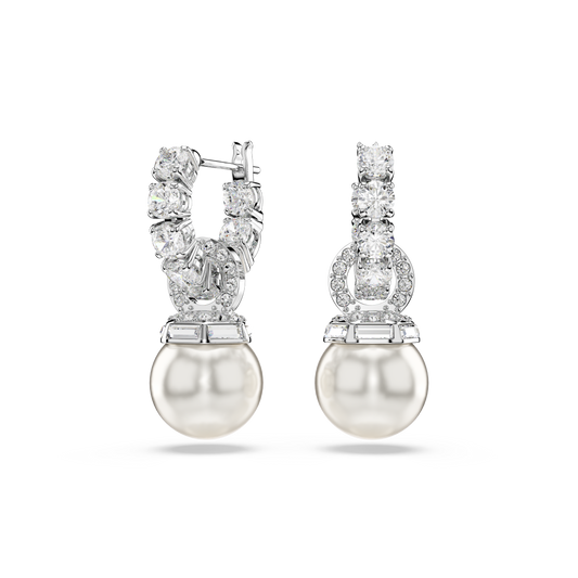 Swarovski Matrix drop earrings, Crystal pearl, Round cut, White, Rhodium plated
