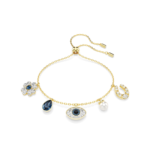 Swarovski Symbolica bracelet, Crystal pearl, Clover, evil eye and horseshoe, Blue, Gold-tone plated