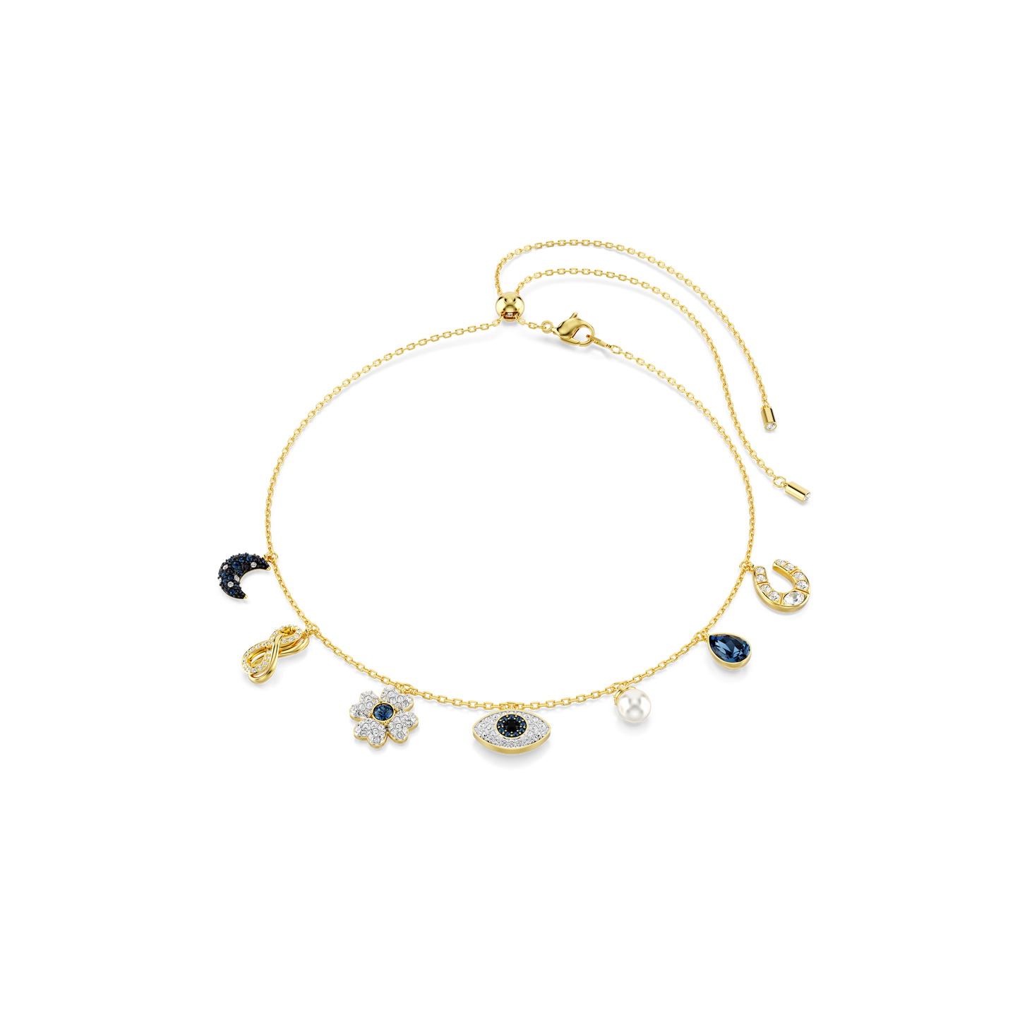 Swarovski Symbolica choker, Crystal pearl, Moon, infinity, clover, evil eye and horseshoe, Blue, Gold-tone plated