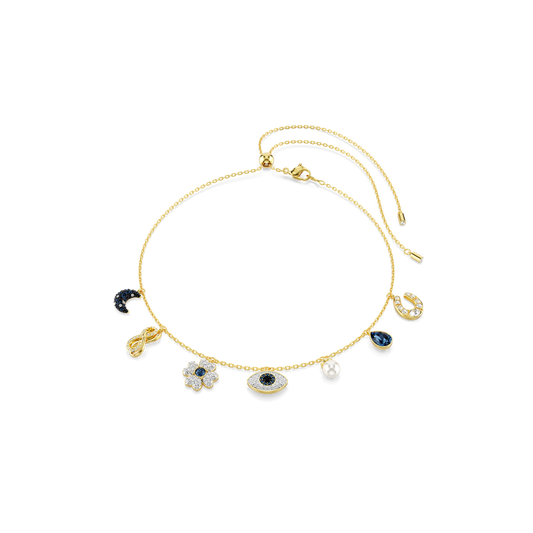 Swarovski Symbolica choker, Crystal pearl, Moon, infinity, clover, evil eye and horseshoe, Blue, Gold-tone plated