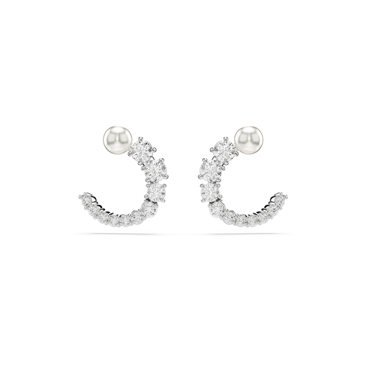 Swarovski Matrix hoop earrings, Crystal pearl, Round cut, White, Rhodium plated