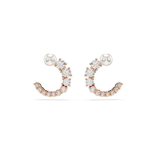 Swarovski Matrix hoop earrings, Crystal pearl, Round cut, White, Rose gold-tone plated