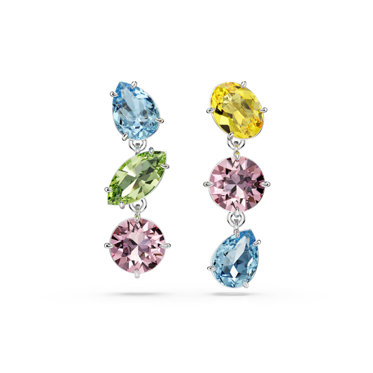 Swarovski Gema drop earrings, Asymmetrical design, Mixed cuts, Multicolored, Rhodium plated