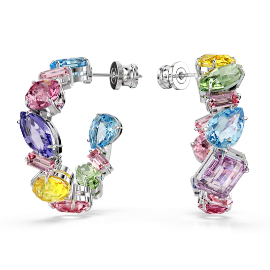 Swarovski Gema hoop earrings, Asymmetrical design, Mixed cuts, Small, Multicolored, Rhodium plated
