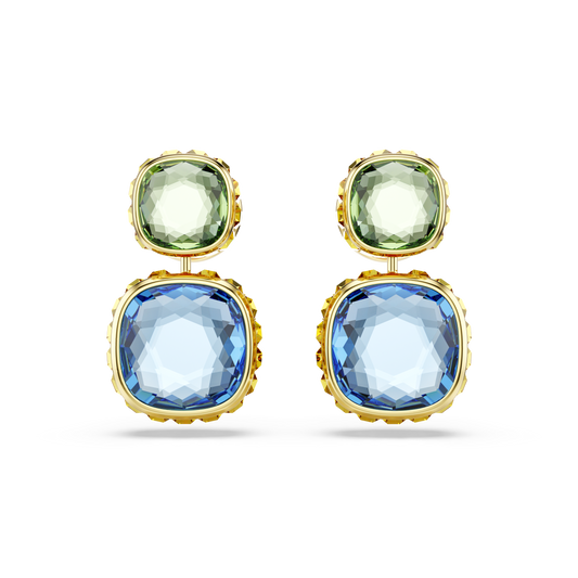 Swarovski Chroma drop earrings, Cushion cut, Multicolored, Gold-tone plated