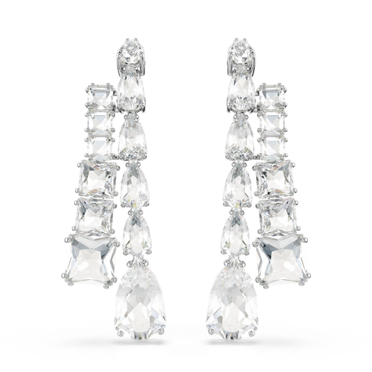 Swarovski Matrix drop earrings, Mixed cuts, White, Rhodium plated