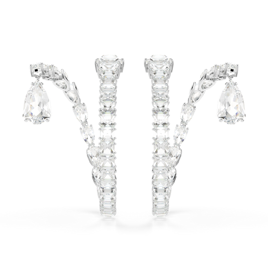 Swarovski Matrix hoop earrings, Mixed cuts, White, Rhodium plated