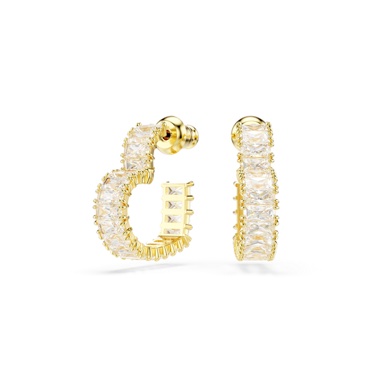 Swarovski Matrix hoop earrings, Baguette cut, Heart, Small, White, Gold-tone plated