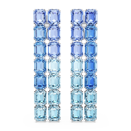 Swarovski Millenia clip earrings, Octagon cut, Color gradient, Long, Blue, Rhodium plated