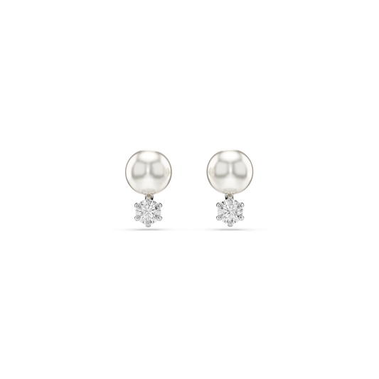 Matrix stud earrings, Crystal pearl, Round cut, White, Rhodium plated
