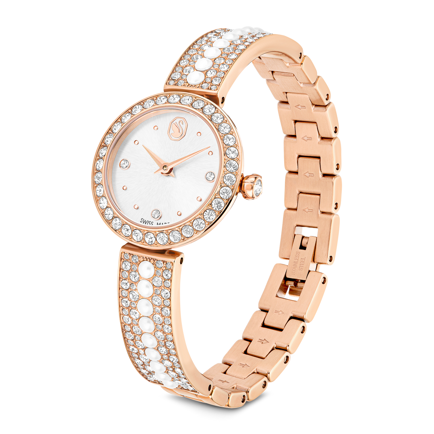 Swarovski Matrix Pearl Bangle watch, Swiss Made, Crystal bracelet, White, Rose gold-tone finish