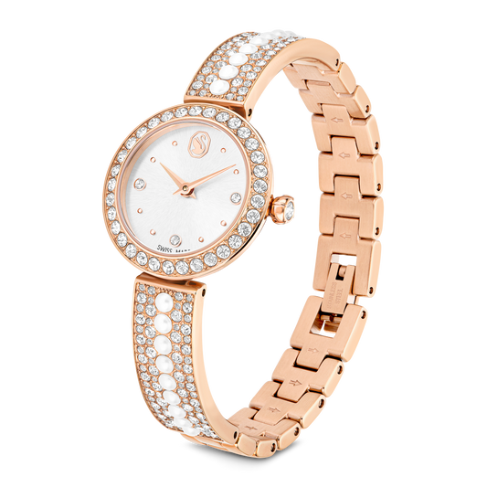 Swarovski Matrix Pearl Bangle watch, Swiss Made, Crystal bracelet, White, Rose gold-tone finish