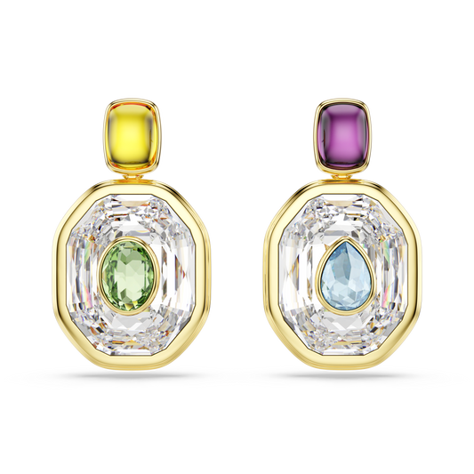 Swarovski Chroma drop earrings, Asymmetrical design, Octagon cut, Multicolored, Gold-tone plated