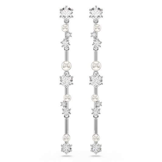 Swarovski Constella drop earrings, Crystal pearl, Round cuts, White, Rhodium plated