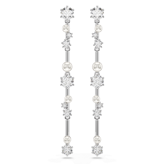 Constella drop earrings, Crystal pearl, Round cuts, White, Rhodium plated