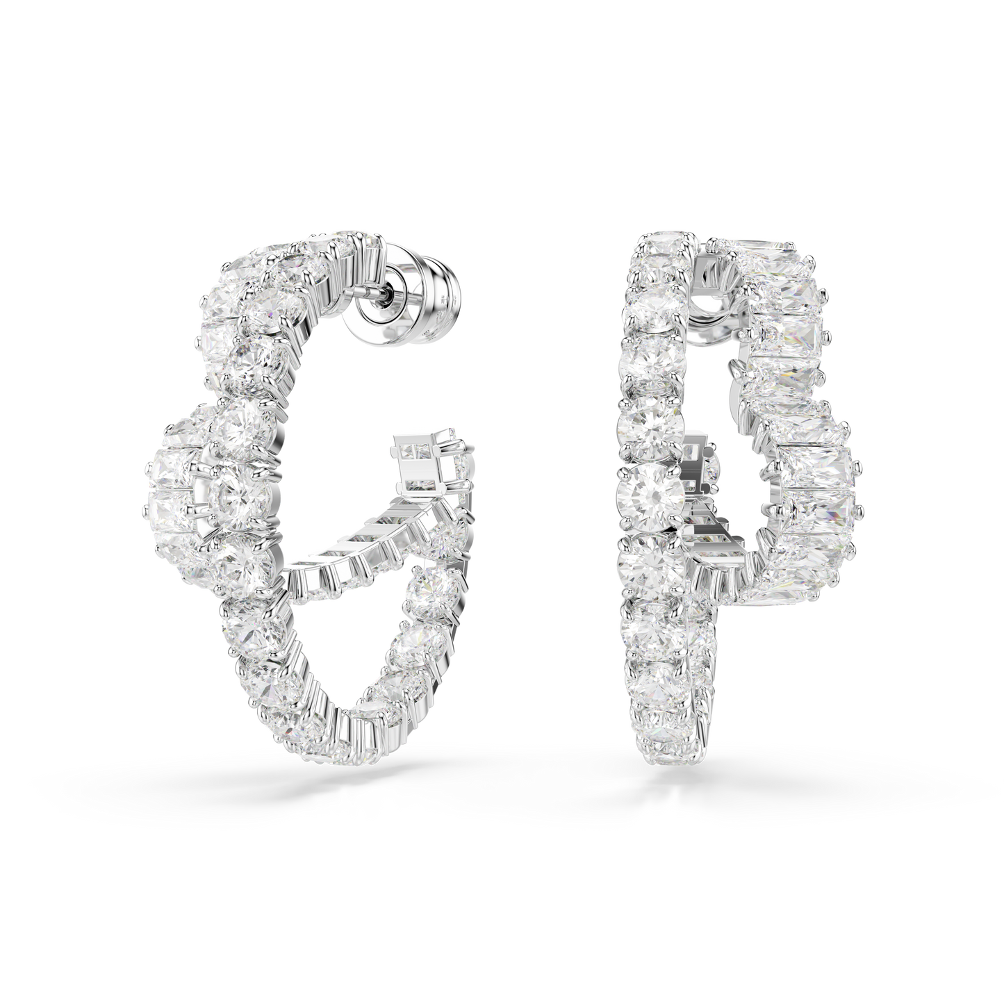 Swarovski Matrix hoop earrings, Mixed cuts, Heart, White, Rhodium plated