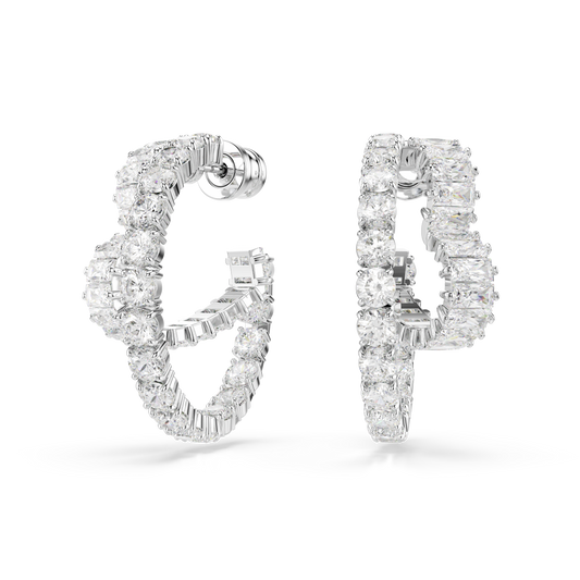 Swarovski Matrix hoop earrings, Mixed cuts, Heart, White, Rhodium plated