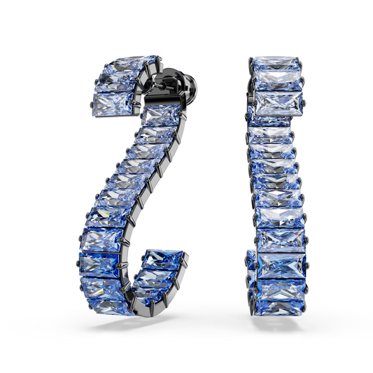 Swarovski Matrix drop earrings, Baguette cut, Blue, Ruthenium plated