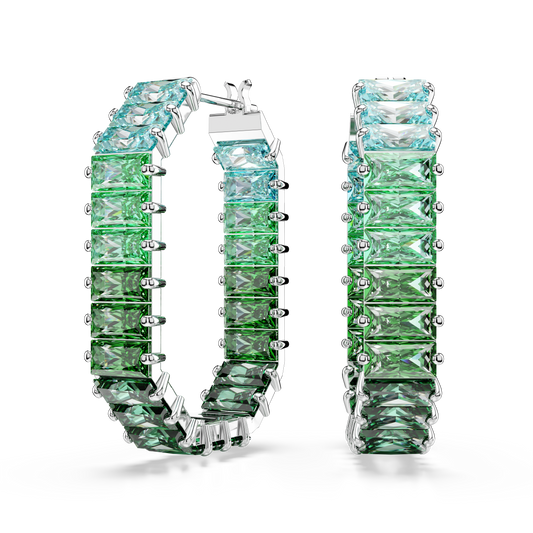 Swarovski Matrix hoop earrings, Baguette cut, Octagon shape, Color gradient, Green, Rhodium plated