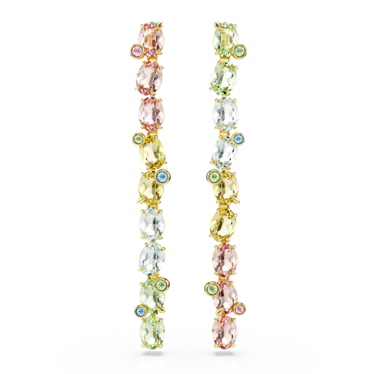 Swarovski Gema drop earrings, Asymmetrical design, Mixed cuts, Long, Multicolored, Gold-tone plated