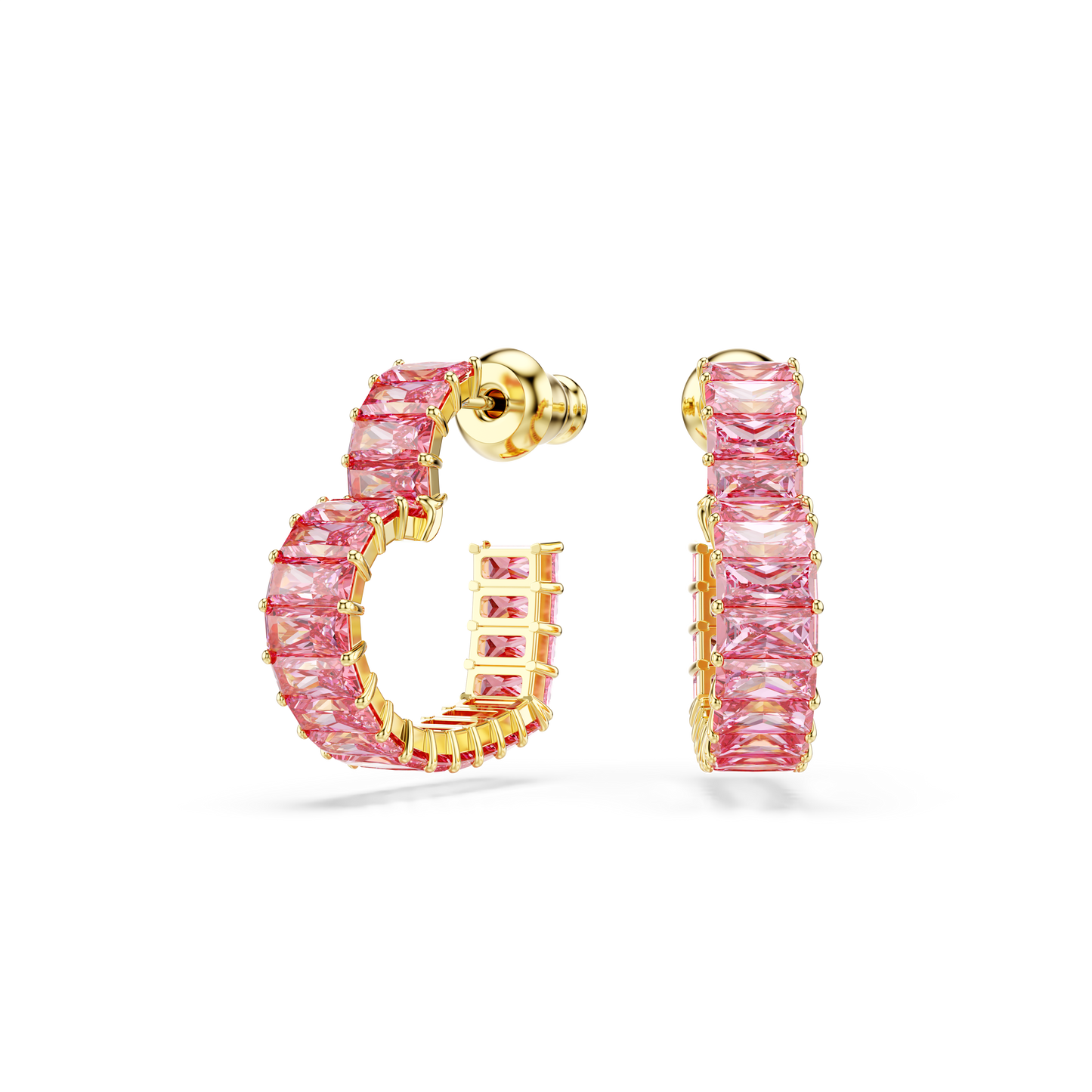 Swarovski Matrix hoop earrings, Baguette cut, Heart, Small, Pink, Gold-tone plated