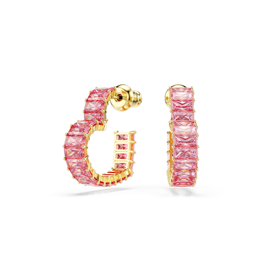Swarovski Matrix hoop earrings, Baguette cut, Heart, Small, Pink, Gold-tone plated