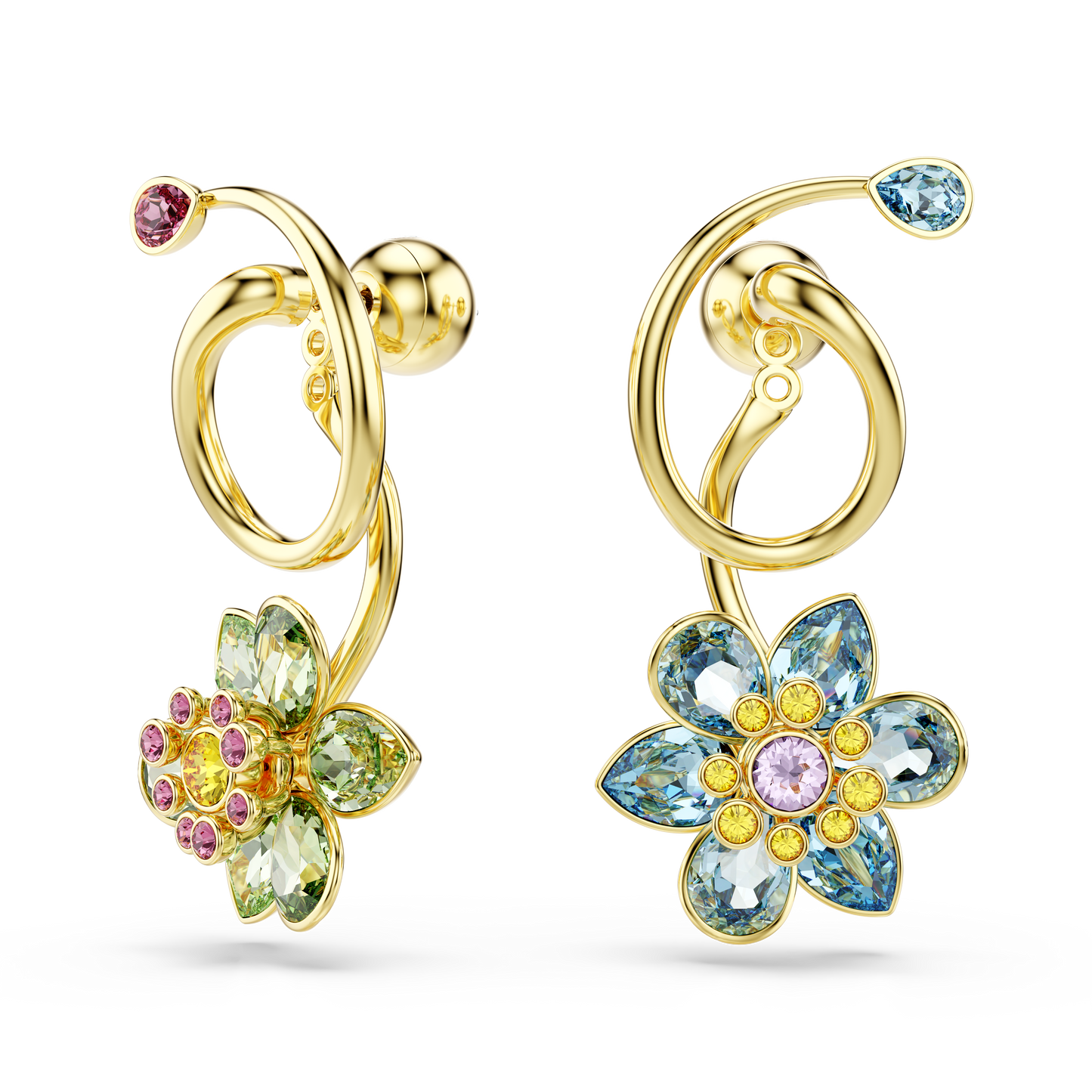 Swarovski Idyllia drop earrings, Asymmetrical design, Mixed cuts, Flower, Multicolored, Gold-tone plated