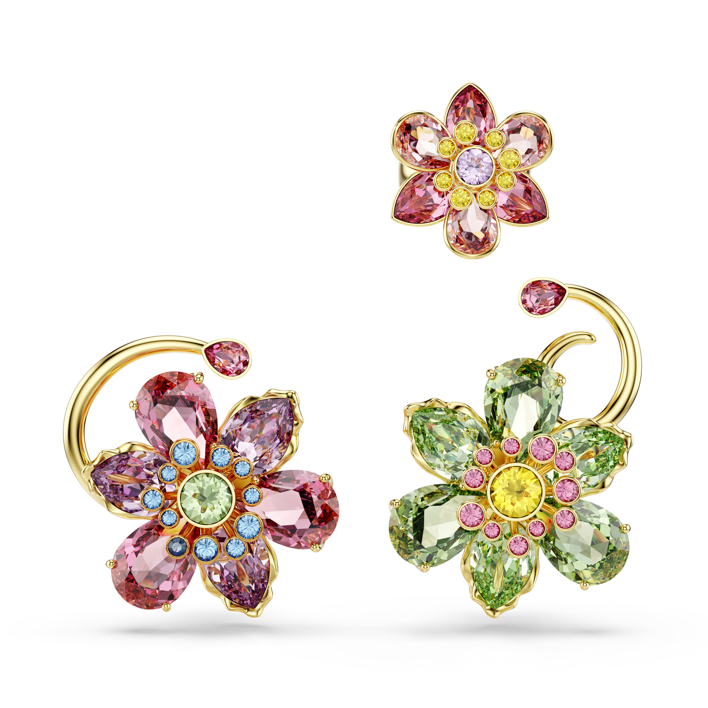 Swarovski Idyllia ear cuff, Set (3), Asymmetrical design, Mixed cuts, Flower, Multicolored, Gold-tone plated