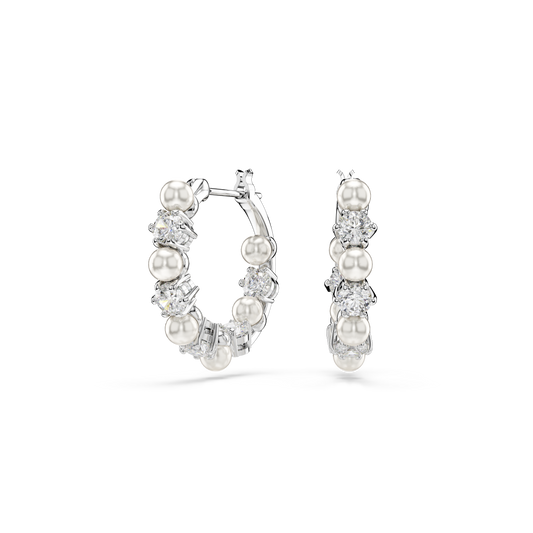 Swarovski Matrix drop earrings, Crystal pearl, Round cut, White, Rhodium plated