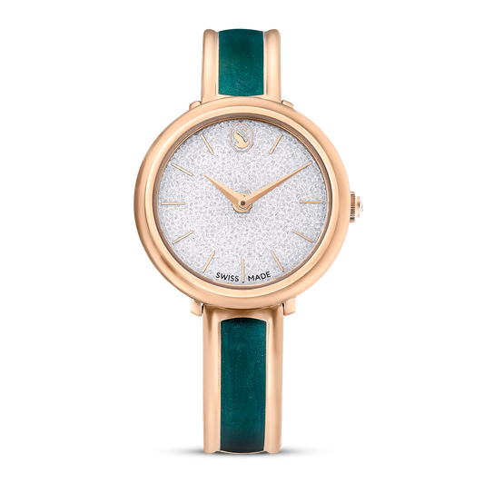 Swarovski Crystalline Bangle watch, Swiss Made, Metal bracelet, Green, Rose gold-tone finish
