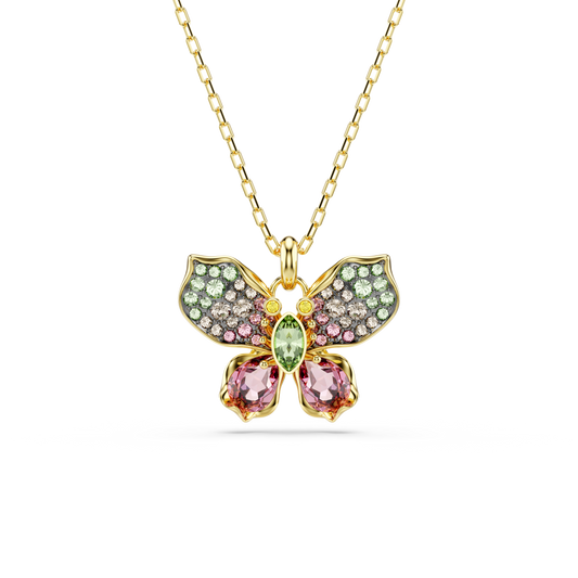 Swarovski Idyllia pendant, Mixed cuts, Pavé, Butterfly, Multicolored, Gold-tone plated