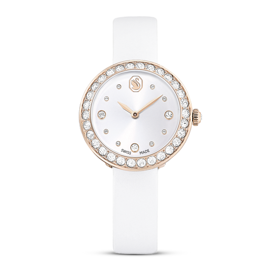 Swarovski Matrix Tennis watch, Swiss Made, Leather strap, White, Champagne gold-tone finish