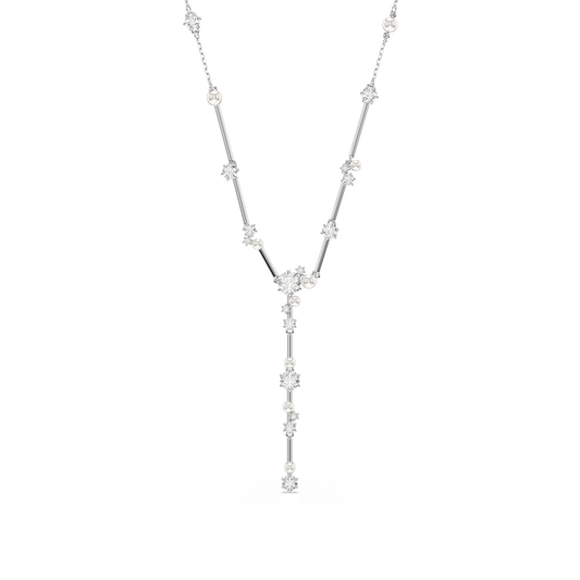 Swarovski Constella Y necklace, Crystal pearl, Round cuts, White, Rhodium plated