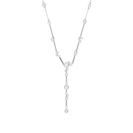 Constella Y necklace, Crystal pearl, Round cuts, White, Rhodium plated