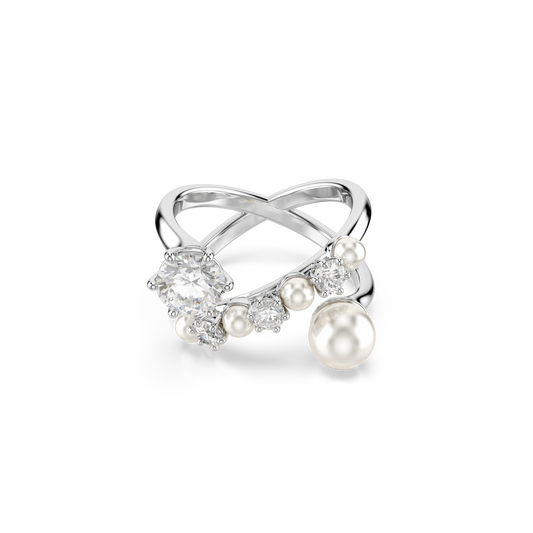 Swarovski Matrix cocktail ring, Crystal pearl, Round cut, White, Rhodium plated