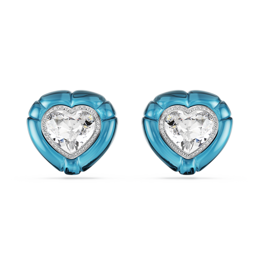 Swarovski Dulcis clip earrings, Heart cut, Pavé, Heart, Blue, Rhodium plated